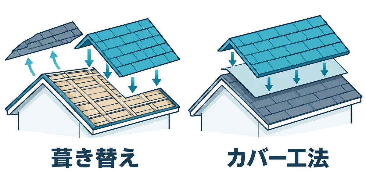 葺き替えとカバー工法の屋根断面の違いを示す図