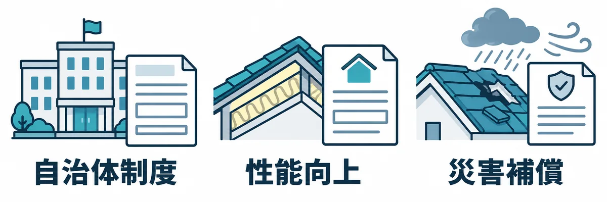 葺き替え工事で確認したい補助制度と保険の対象例を示す図