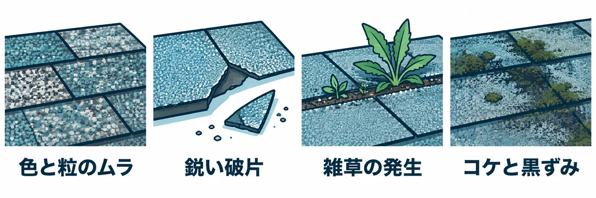 瓦チップで起こりやすい見た目や安全性と管理面の後悔を示す図