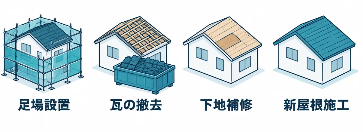 瓦屋根の葺き替え費用を構成する主な工事項目を示す図