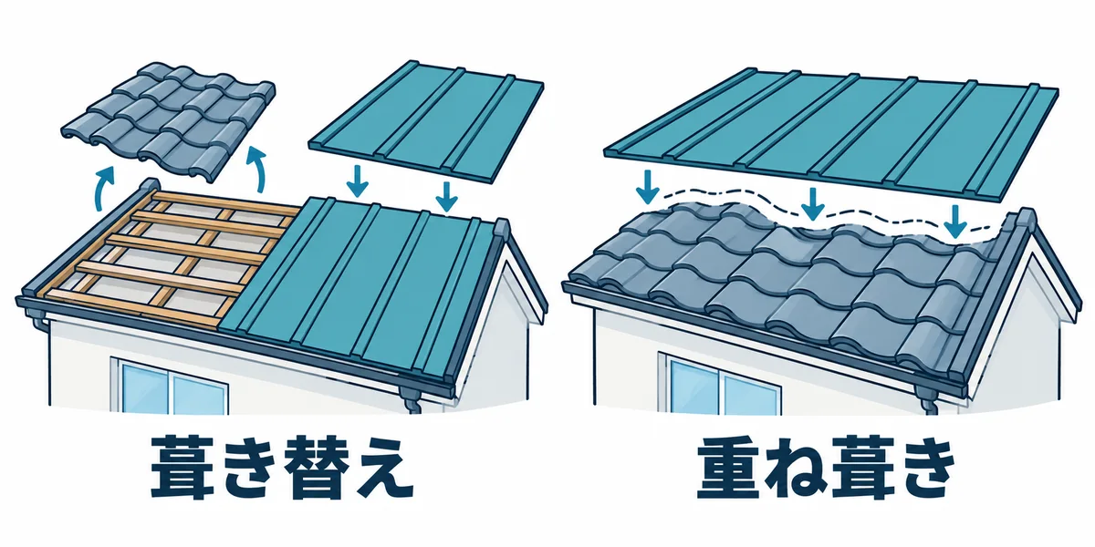 瓦屋根ではカバー工法ではなく葺き替えが基本となる理由を示す比較図