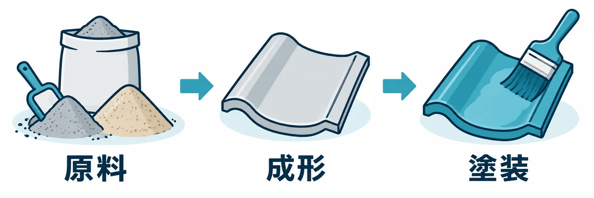セメント瓦の原料と成形、塗装メンテナンスの特徴を示す図。