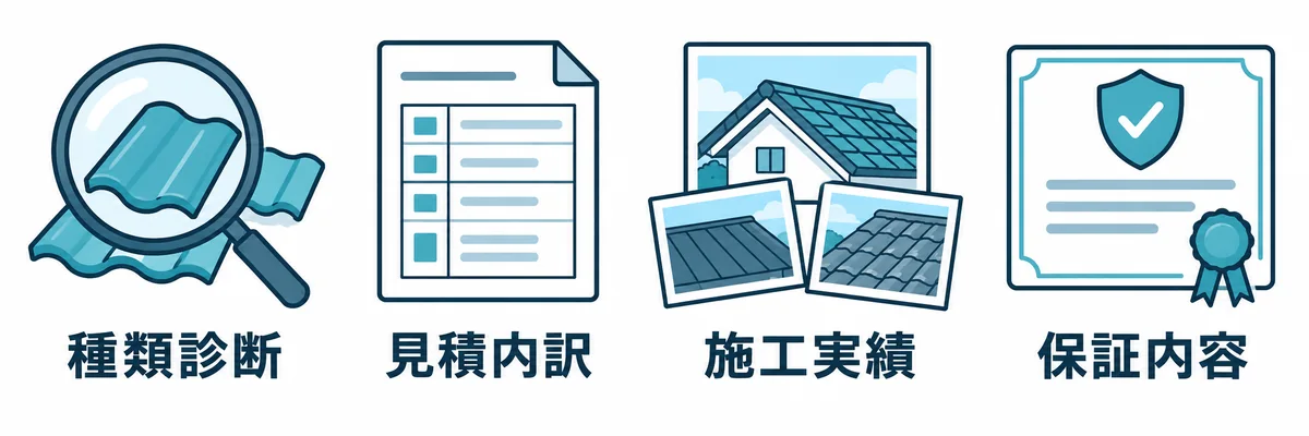 屋根瓦の修理業者を選ぶ際の確認項目を示す図。