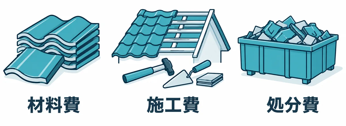 屋根瓦工事の費用を構成する主な項目を示す図。