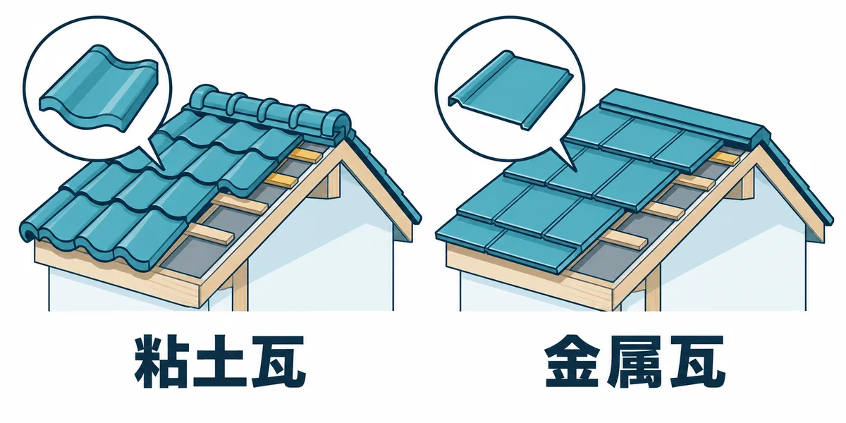 粘土瓦と軽量な金属瓦の屋根構造を比較する図。