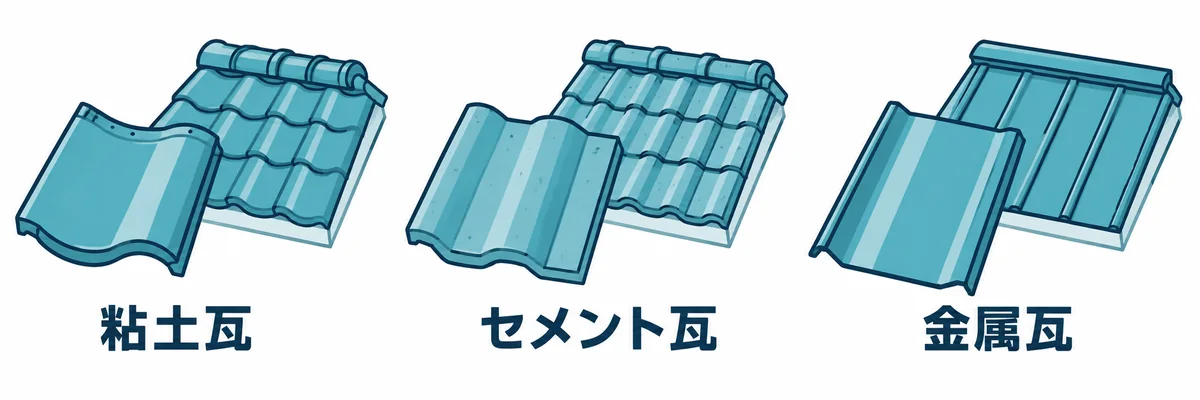 屋根瓦を材質別の三種類に分けた全体像を示す図。