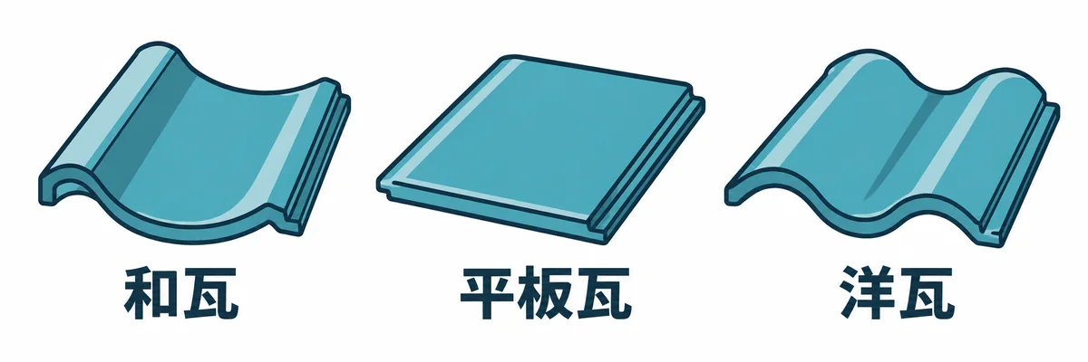 屋根瓦を形状別に和瓦・平板瓦・洋瓦へ分けて示す図。
