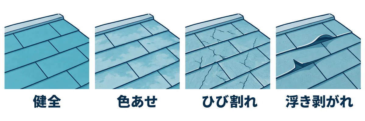 無落雪屋根の防水層が劣化していく状態の変化を示す図。