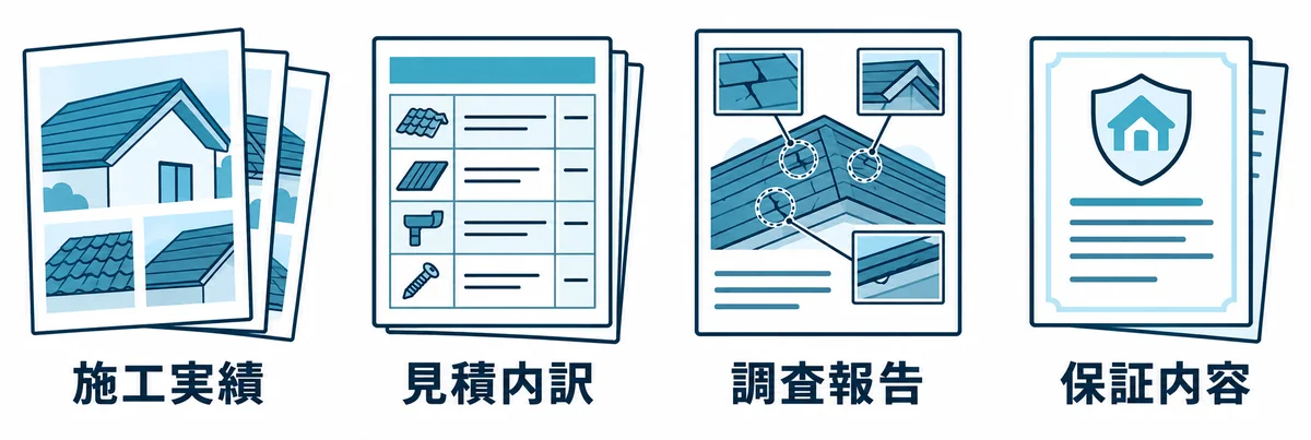 無落雪屋根の修理業者を選ぶ際の確認資料を示す図。