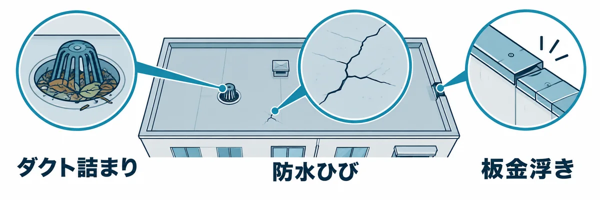 無落雪屋根で不具合が起こりやすい箇所を示す図。
