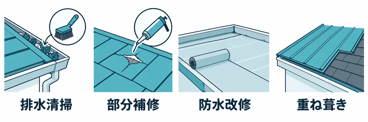 無落雪屋根の主な修理内容を補修範囲別に示す図。