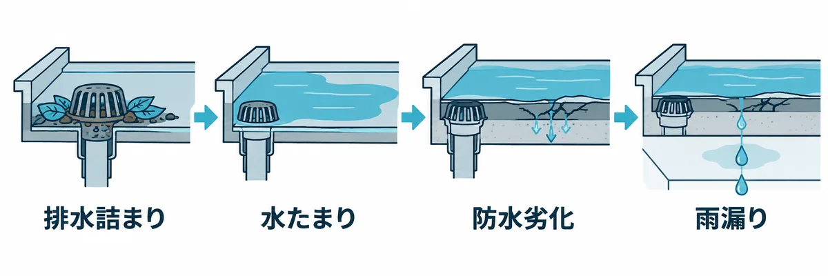 排水口の詰まりから防水劣化と雨漏りに至る流れを示す図。