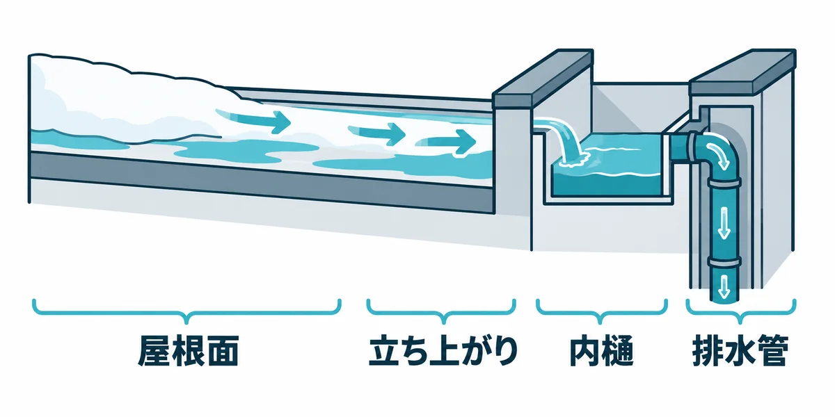 無落雪屋根が雪を留めて雪解け水を排水する基本構造を示す図。