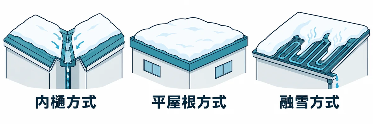 無落雪屋根の代表的な方式と構造の違いを並べて示す図。