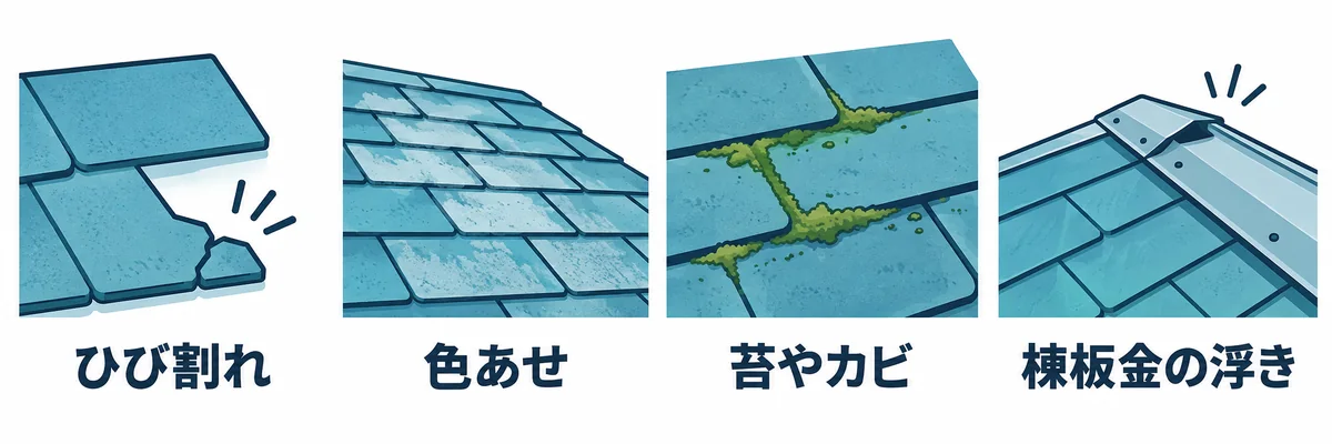 ストレート屋根に起こりやすい劣化症状を示す図