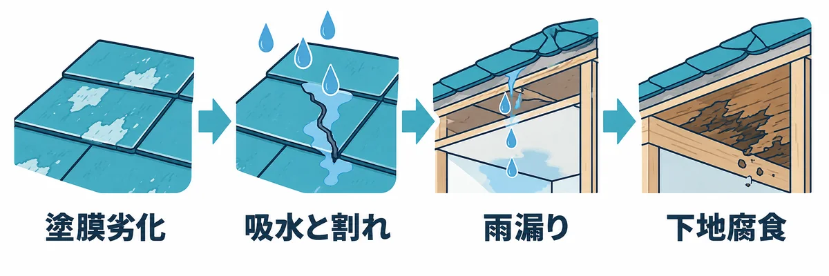 メンテナンス不足から雨漏りと下地腐食へ進む流れを示す図