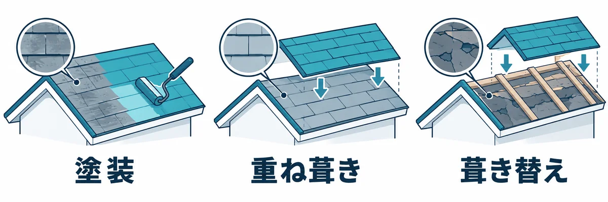 屋根の劣化状態に応じたリフォーム方法の選び方を示す図