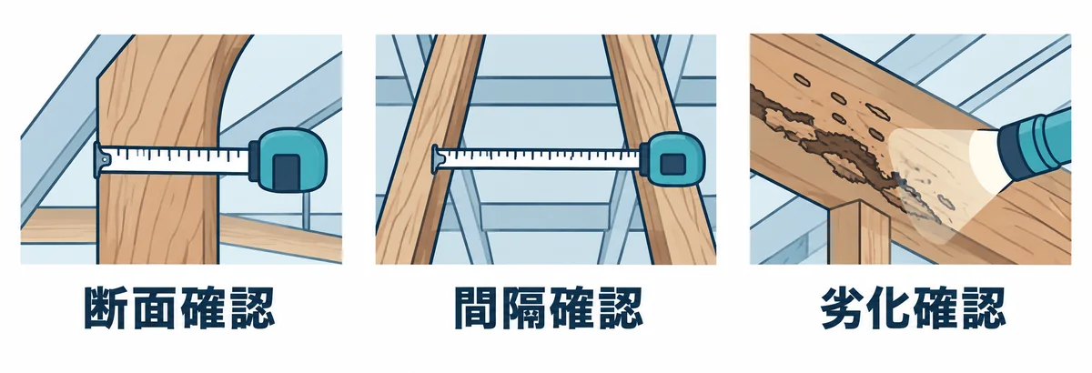 小屋裏から垂木の寸法と劣化を確認する要点を示す図