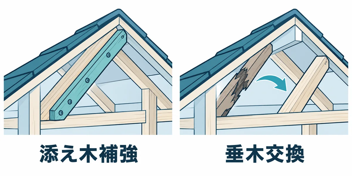 垂木を添え木で補強する方法と交換する方法を示す図