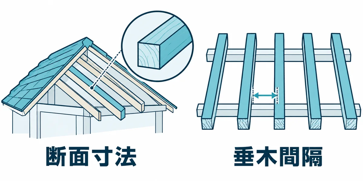 垂木の断面寸法と配置間隔を示す図
