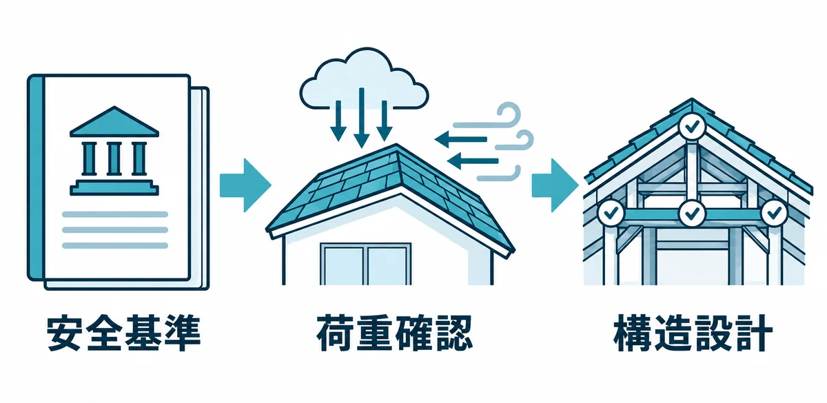 法令上の安全基準から荷重確認と構造設計につながる関係を示す図