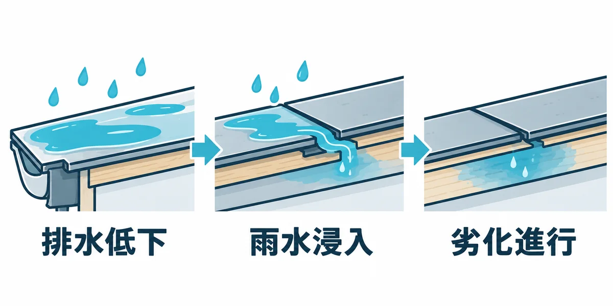 緩い屋根勾配が雨漏りや劣化につながる流れを示す図