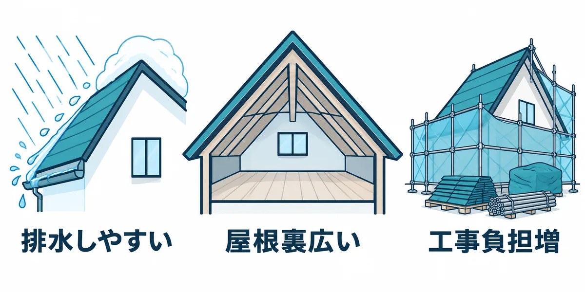 急勾配屋根のメリットと工事上のデメリットを示す図