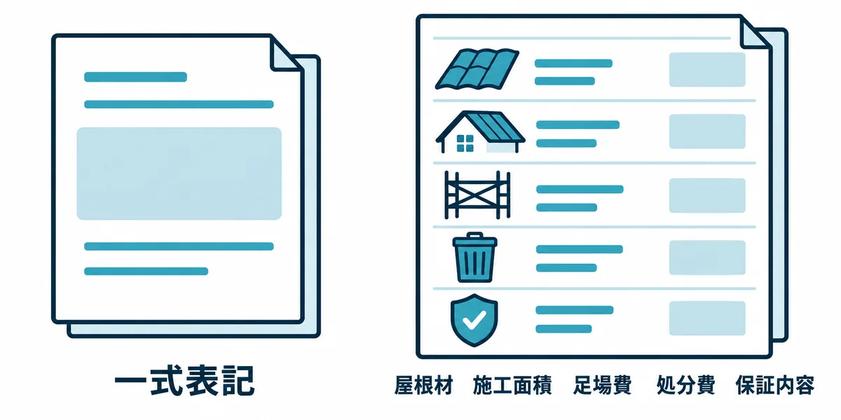 屋根工事の見積書で確認する内訳を示す図