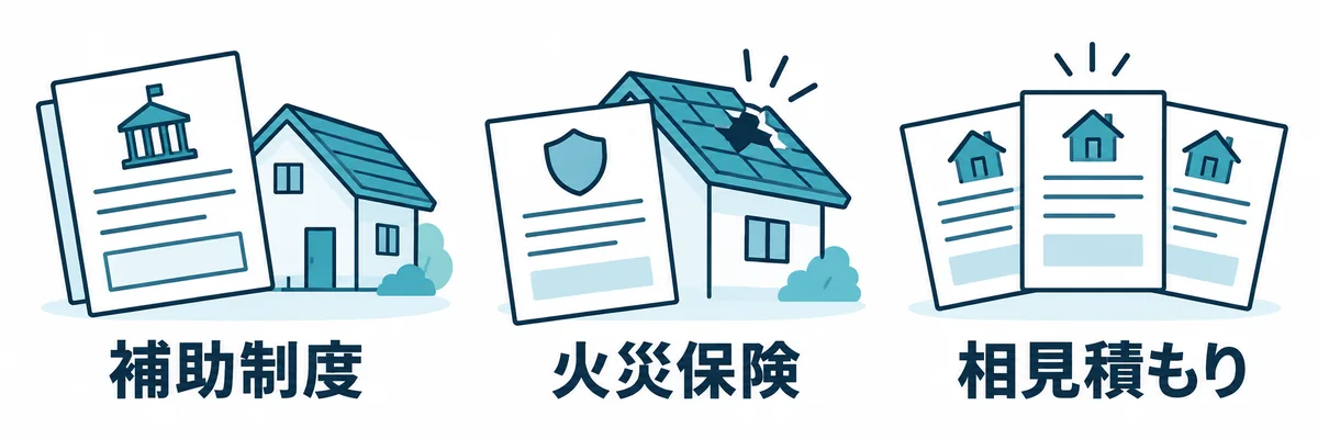 屋根工事の費用負担を抑える主な方法を示す図