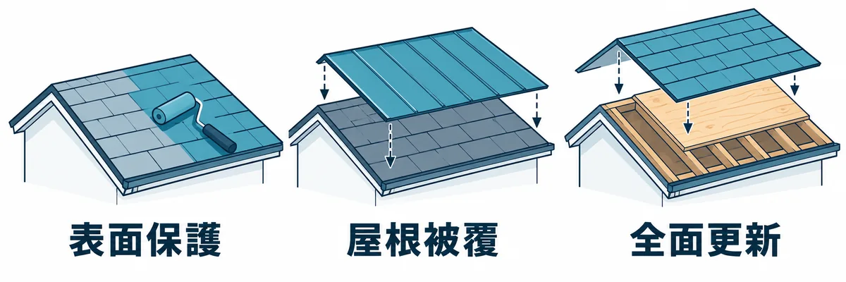 屋根工事の工法ごとの作業範囲を示す図