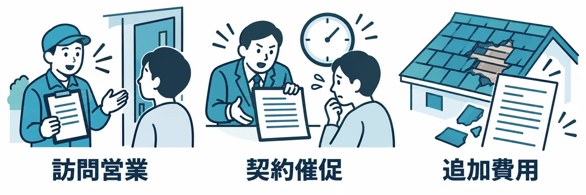屋根工事で起こりやすい契約トラブルを示す図